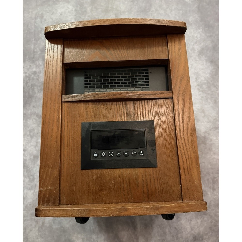 Electric Portable Space Heater, Brown Wood Cabinet, Digital Display, Timer, 120V